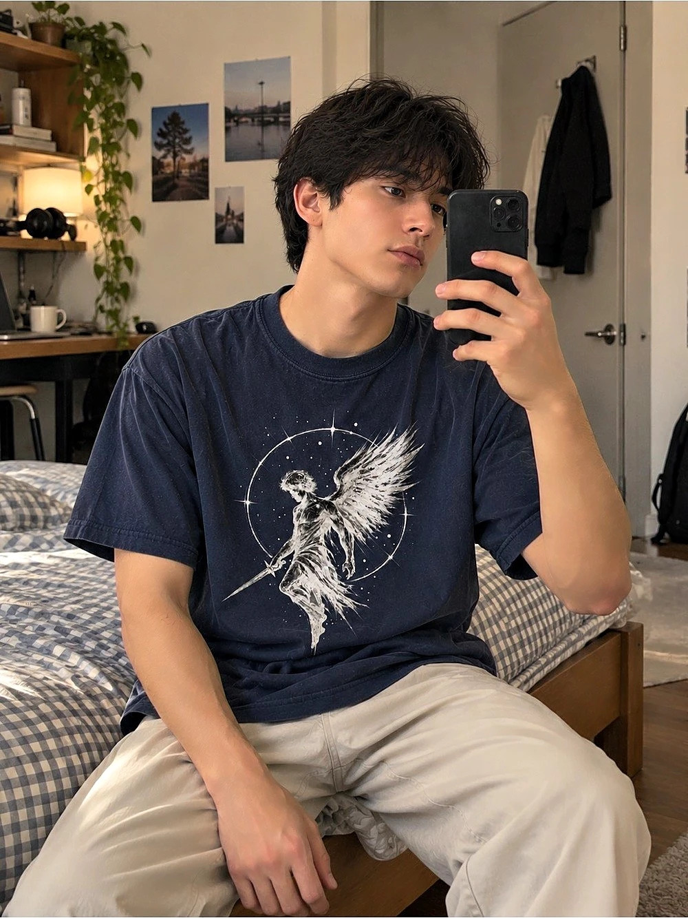 Celestial Angel Wing Graphic Tee Gildan Reprint – Navy